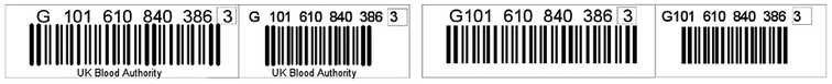 A diagram showing examples of donation identification numbers for blood components using the ISBT 128 standard with and without Blood Establishment text. Following the diagram is a description.