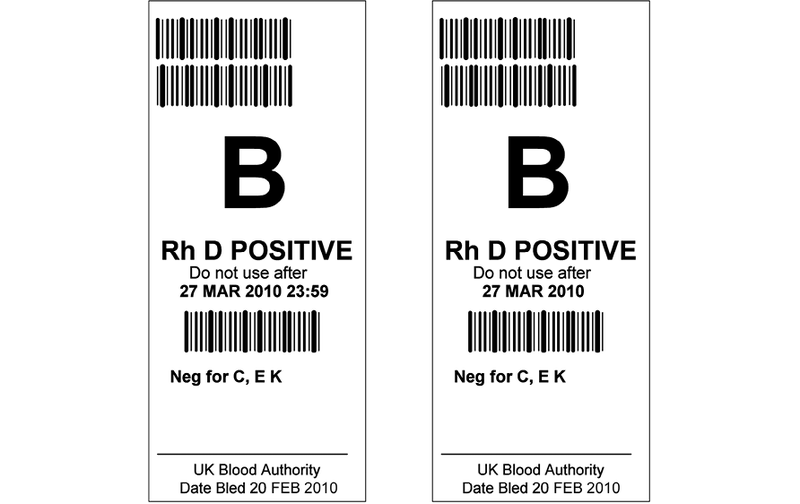 A diagram showing examples of blood group labels with text reading 'Do not use after' with and without the time of expiry. Following the diagram is a description.