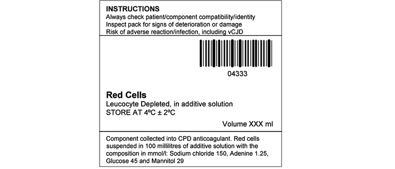 A diagram showing an example of a blood component label layout which includes instructional text, component details and information about the anticoagulant and additive solution used. Following the diagram is a description.