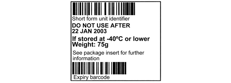 A diagram showing an example of an expiry date label for a tissue product which includes the product barcode, the expiry barcode and instructional text. Following the diagram is a description.