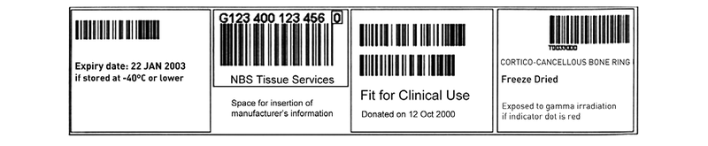 A diagram showing one option for the positioning of labels on tissue products with the 4 required sections arranged in a horizontal line Following the diagram is a description.
