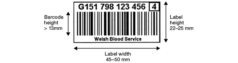 A diagram showing the barcode height, label height and label width required for the donation identification number label for tissue products. Following the diagram is a description.