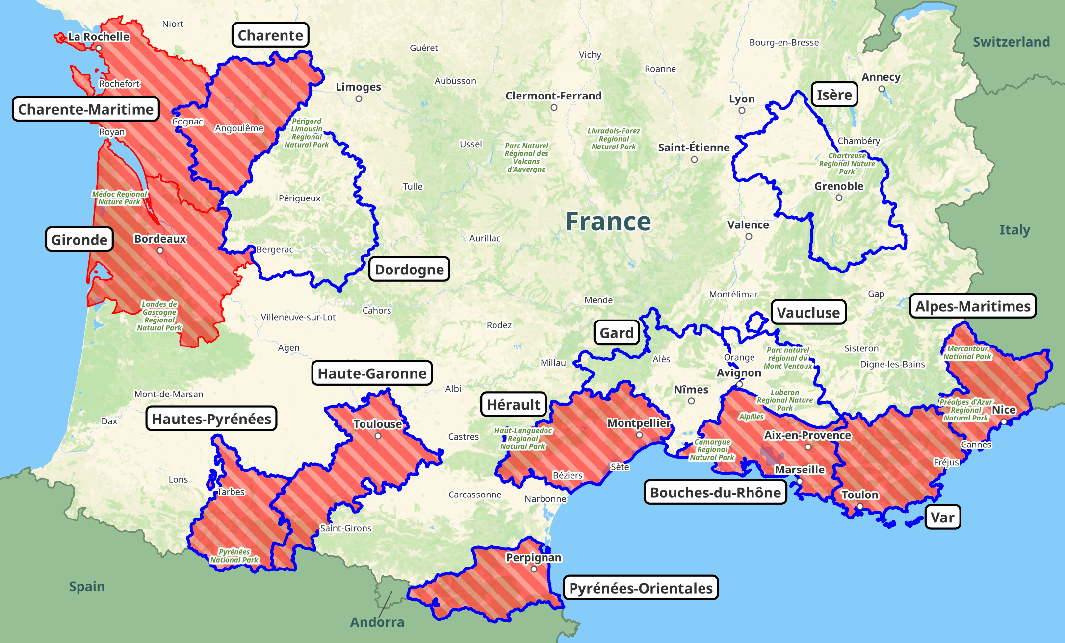 A map showing tropical virus risk areas in France, as described in the page text.