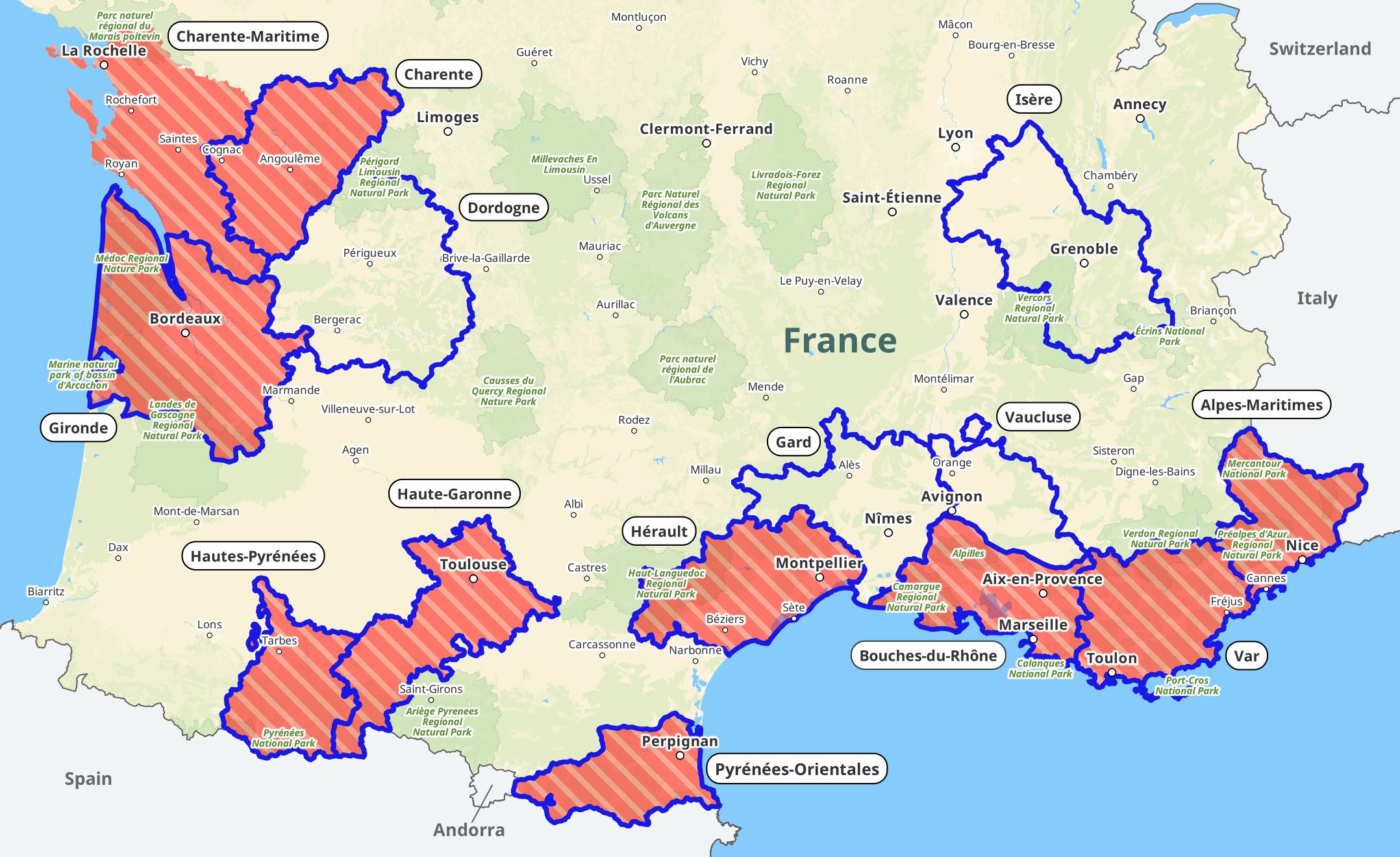 A map showing mosquito-borne virus risk areas in France, as described in the page text.