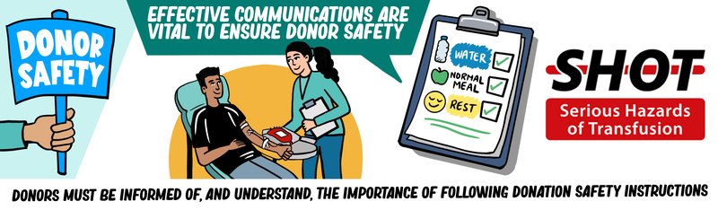 An illustration highlighting the importance of communication for donor safety. Text reads: "Effective communications are vital to ensure donor safety. Donors must be informed of, and understand, the importance of following donation safety instructions".