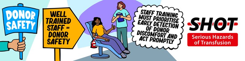 An illustration highlighting the importance of staff training for donor safety. Text reads: "Well trained staff equals donor safety. Staff training must prioritise eraly detection of donor discomfort and act promptly". The SHOT logo is included.